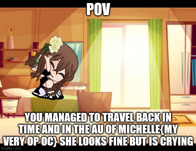 You can have an oc that can just teleport to your universe | POV; YOU MANAGED TO TRAVEL BACK IN TIME AND IN THE AU OF MICHELLE{MY VERY OP OC} SHE LOOKS FINE BUT IS CRYING | image tagged in stop reading the tags | made w/ Imgflip meme maker