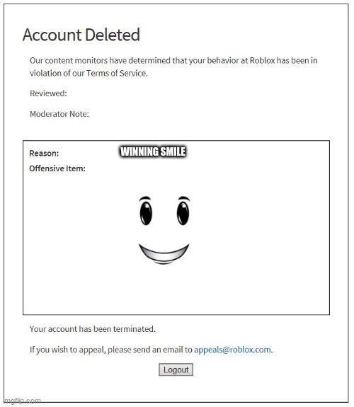 banned from ROBLOX | WINNING SMILE | image tagged in banned from roblox | made w/ Imgflip meme maker