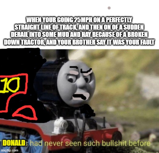 Thomas had never seen such bullshit before | WHEN YOUR GOING 25MPH ON A PERFECTLY STRAIGHT LINE OF TRACK, AND THEN ON OF A SUDDEN DERAIL INTO SOME MUD AND HAY BECAUSE OF A BROKEN DOWN TRACTOR, AND YOUR BROTHER SAY IT WAS YOUR FAULT; DONALD | image tagged in thomas had never seen such bullshit before | made w/ Imgflip meme maker