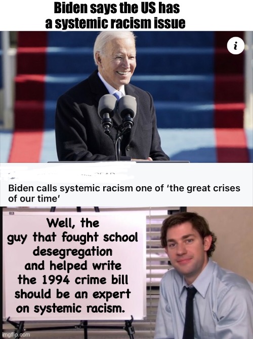 Ask the expert | Biden says the US has a systemic racism issue; Well, the guy that fought school desegregation and helped write the 1994 crime bill should be an expert on systemic racism. | image tagged in smug jim explains,joe biden,memes,politics lol | made w/ Imgflip meme maker