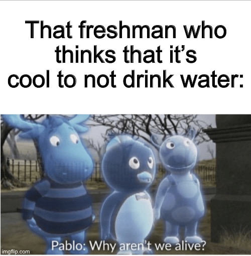Pablo: Why aren’t we alive? | That freshman who thinks that it’s cool to not drink water: | image tagged in pablo why aren t we alive | made w/ Imgflip meme maker