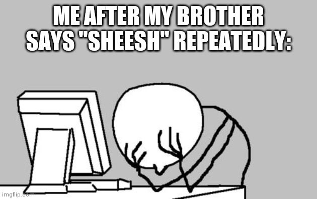He Really Had To Say It And It Was Obnoxious | ME AFTER MY BROTHER SAYS "SHEESH" REPEATEDLY: | image tagged in memes,computer guy facepalm | made w/ Imgflip meme maker