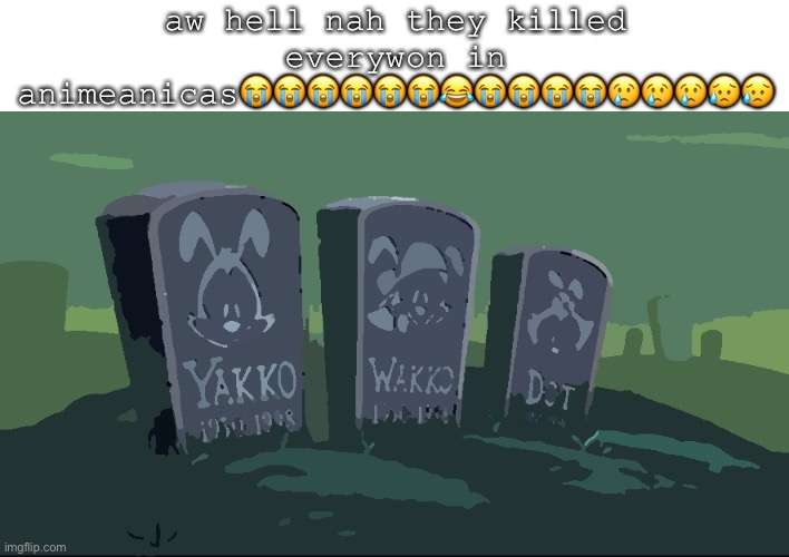 nooooo | aw hell nah they killed everywon in animeanicas😭😭😭😭😭😭😂😭😭😭😭😢😢😢😥😥 | image tagged in r i p,animaniacs | made w/ Imgflip meme maker