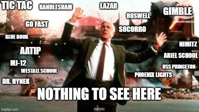 Nothing to See Here | TIC TAC; RANDLESHAM; LAZAR; GIMBLE; ROSWELL; GO FAST; SOCORRO; BLUE BOOK; NIMITZ; AATIP; ARIEL SCHOOL; MJ-12; WESTALL SCHOOL; USS PRINCETON; PHOENIX LIGHTS; NOTHING TO SEE HERE; DR. HYNEK | image tagged in nothing to see here | made w/ Imgflip meme maker