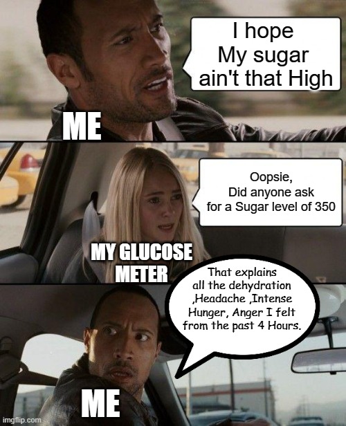 When Glucose meter decides to wake up and choose Denial | I hope 
My sugar 
ain't that High; ME; Oopsie,
Did anyone ask
for a Sugar level of 350; MY GLUCOSE
METER; That explains all the dehydration ,Headache ,Intense Hunger, Anger I felt from the past 4 Hours. ME | image tagged in memes,the rock driving,type1diabetes,diabetes,insulin | made w/ Imgflip meme maker