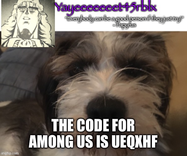 Yayeeeeeeet45rblx announcement | THE CODE FOR AMONG US IS UEQXHF | image tagged in yayeeeeeeet45rblx announcement | made w/ Imgflip meme maker