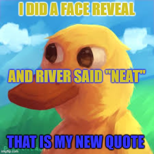 "neat"- River | I DID A FACE REVEAL; AND RIVER SAID "NEAT"; THAT IS MY NEW QUOTE | image tagged in gotanygrapes announcement template | made w/ Imgflip meme maker