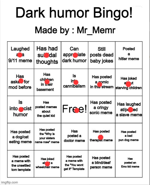 Here it is guys. I know you've been asking me to do my very own template and my results, so here it is in all its glory | image tagged in memes,blank bingo,lol,dark humor,funny,oh wow are you actually reading these tags | made w/ Imgflip meme maker