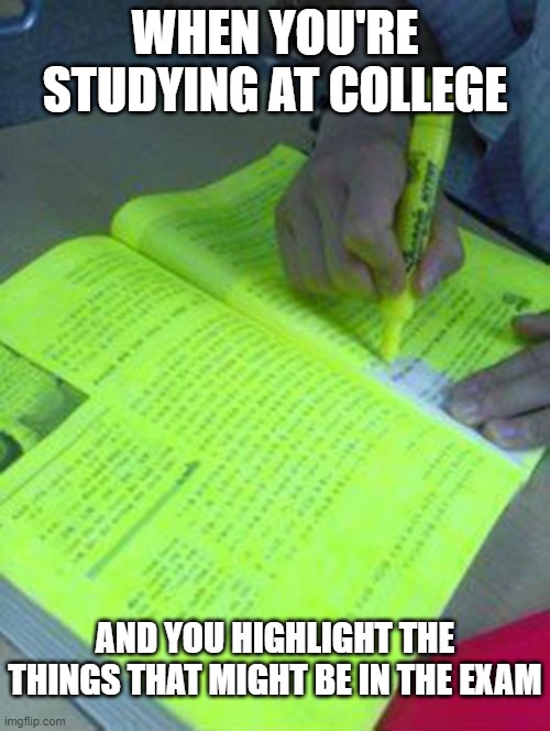 COLLEGE ENGLISH MEMES | WHEN YOU'RE STUDYING AT COLLEGE; AND YOU HIGHLIGHT THE THINGS THAT MIGHT BE IN THE EXAM | image tagged in highlighted text meme | made w/ Imgflip meme maker