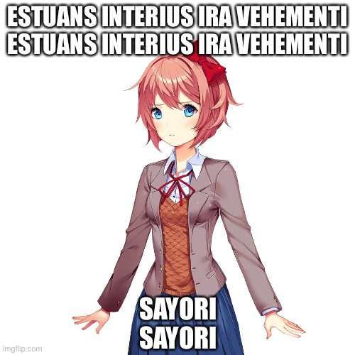 Bored af | ESTUANS INTERIUS IRA VEHEMENTI
ESTUANS INTERIUS IRA VEHEMENTI; SAYORI
SAYORI | image tagged in sayori | made w/ Imgflip meme maker