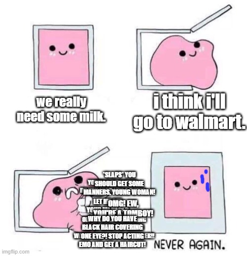 o o f | i think i'll go to walmart. we really need some milk. *SLAPS* YOU SHOULD GET SOME MANNERS, YOUNG WOMAN! YOU'RE A GIRL! WHY DO YOU LOOK LIKE A BOY?! LET ME SEE YOUR MANAGER; OMG! EW, YOU'RE A TOMBOY! OMG YOU'RE HARRASSING ME BY DOING NOTHING I WANNA SPEAK TO UR MANAGER!! WHY DO YOU HAVE BLACK HAIR COVERING ONE EYE?! STOP ACTING EMO AND GET A HAIRCUT! | image tagged in never again,karens | made w/ Imgflip meme maker