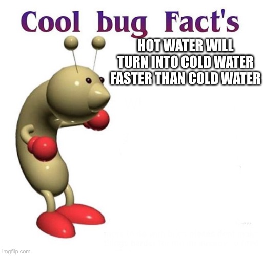 Cool bug facts | HOT WATER WILL TURN INTO COLD WATER FASTER THAN COLD WATER | image tagged in cool bug facts | made w/ Imgflip meme maker