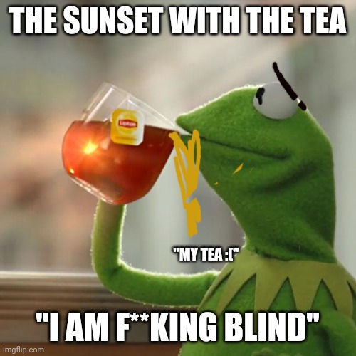 Wait shit I cant see | THE SUNSET WITH THE TEA; "MY TEA :("; "I AM F**KING BLIND" | image tagged in memes,but that's none of my business,kermit the frog | made w/ Imgflip meme maker