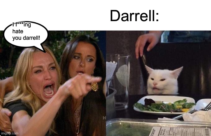Darrell’s match | Darrell:; I f***ing hate you darrell! | image tagged in memes,woman yelling at cat | made w/ Imgflip meme maker