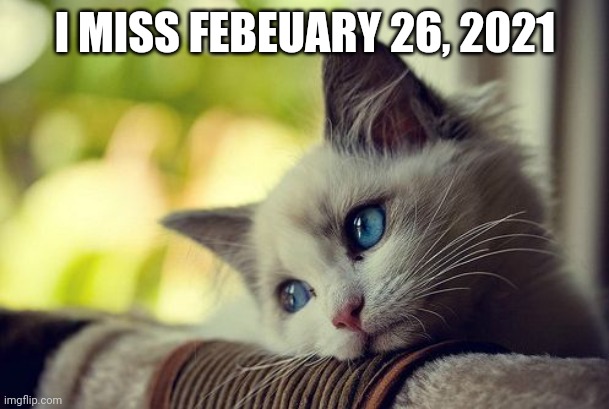 First World Problems Cat | I MISS FEBEUARY 26, 2021 | image tagged in memes,first world problems cat | made w/ Imgflip meme maker