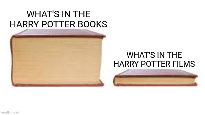 Books vs films | WHAT'S IN THE HARRY POTTER BOOKS; WHAT'S IN THE HARRY POTTER FILMS | image tagged in big book small book,harry potter,harry potter meme,books,films,movies | made w/ Imgflip meme maker