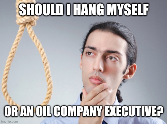 noose | SHOULD I HANG MYSELF OR AN OIL COMPANY EXECUTIVE? | image tagged in noose | made w/ Imgflip meme maker