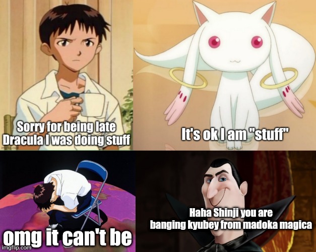 Haha Shinji you are banging kyubey |  Haha Shinji you are banging kyubey from madoka magica; omg it can't be | image tagged in shinji crying | made w/ Imgflip meme maker