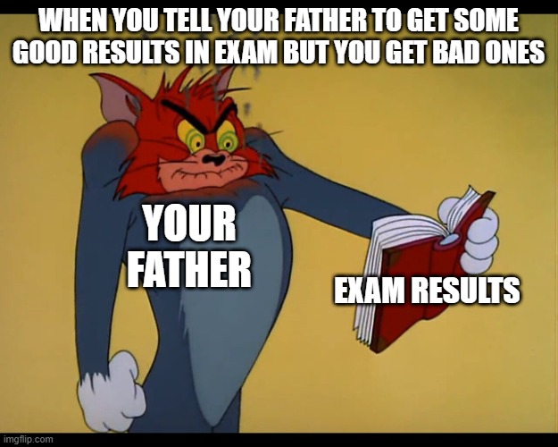 Please Don't get angry it's my first meme here And I don't know all the basics | WHEN YOU TELL YOUR FATHER TO GET SOME GOOD RESULTS IN EXAM BUT YOU GET BAD ONES; YOUR FATHER; EXAM RESULTS | image tagged in funny | made w/ Imgflip meme maker