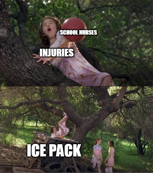 Cokie Knocked Out of the Tree by a Ball and Into the Dumpster | SCHOOL NURSES; INJURIES; ICE PACK | image tagged in cokie knocked out of the tree by a ball and into the dumpster,memes,injuries,school,nurses,ice,meirl | made w/ Imgflip meme maker