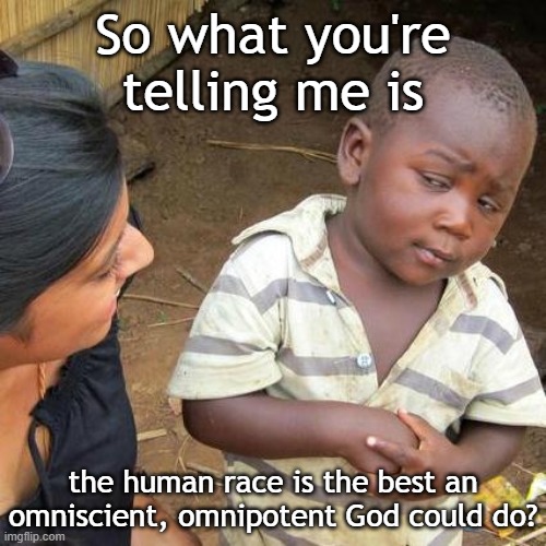 Best you could do, God? | So what you're telling me is; the human race is the best an omniscient, omnipotent God could do? | image tagged in memes,third world skeptical kid | made w/ Imgflip meme maker