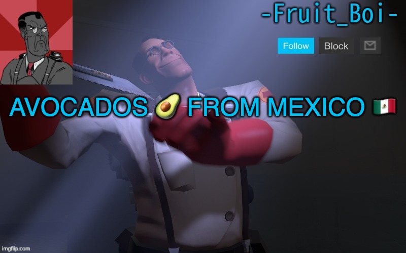 AVOCADOS 🥑 FROM MEXICO 🇲🇽 | image tagged in medic temp made by pickle-tank | made w/ Imgflip meme maker