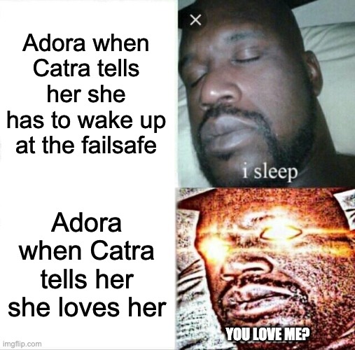 Sleeping Shaq Meme | Adora when Catra tells her she has to wake up at the failsafe; Adora when Catra tells her she loves her; YOU LOVE ME? | image tagged in memes,sleeping shaq | made w/ Imgflip meme maker