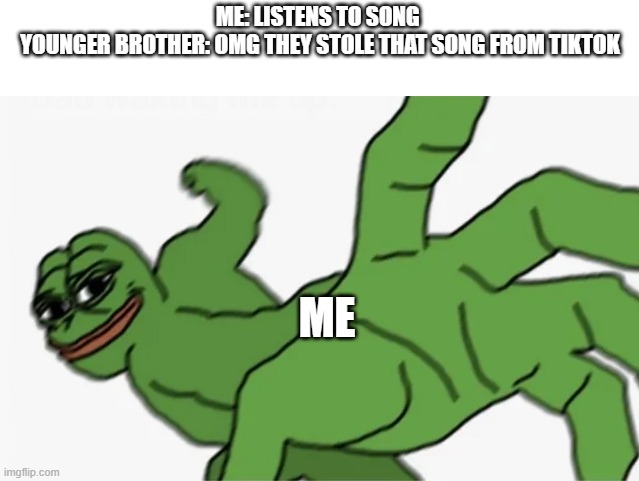 pepe punch | ME: LISTENS TO SONG 

YOUNGER BROTHER: OMG THEY STOLE THAT SONG FROM TIKTOK; ME | image tagged in pepe punch | made w/ Imgflip meme maker
