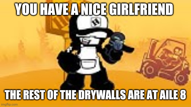 Tankman home depot | YOU HAVE A NICE GIRLFRIEND; THE REST OF THE DRYWALLS ARE AT AILE 8 | image tagged in tankman home depot,memes,funny | made w/ Imgflip meme maker