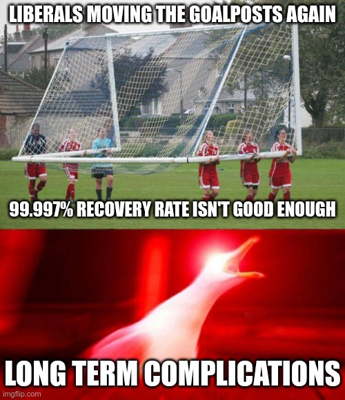 Yes, I have a source for my recovery percentage | LIBERALS MOVING THE GOALPOSTS AGAIN; 99.997% RECOVERY RATE ISN'T GOOD ENOUGH; LONG TERM COMPLICATIONS | image tagged in moving the goalposts,inhaling seagull | made w/ Imgflip meme maker