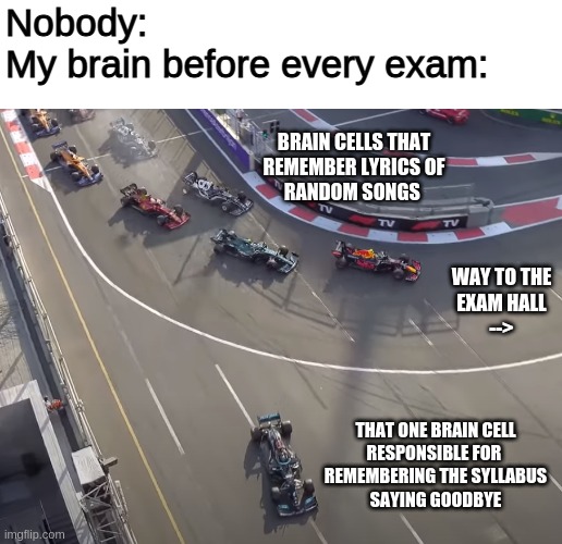 Bono, my grades are gone | Nobody:
My brain before every exam:; BRAIN CELLS THAT
REMEMBER LYRICS OF
RANDOM SONGS; WAY TO THE
EXAM HALL
-->; THAT ONE BRAIN CELL
RESPONSIBLE FOR 
REMEMBERING THE SYLLABUS
SAYING GOODBYE | image tagged in formula 1,exams,school memes,me_irl | made w/ Imgflip meme maker