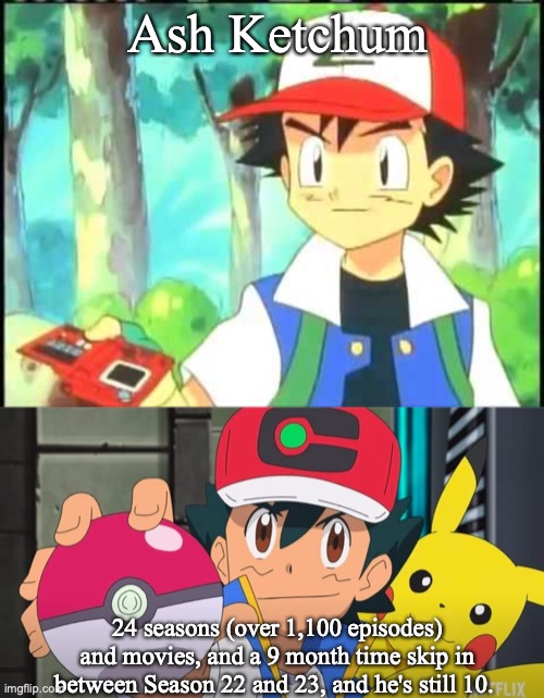 Ash Ketchum; 24 seasons (over 1,100 episodes) and movies, and a 9 month time skip in between Season 22 and 23, and he's still 10. | image tagged in ash ketchum,pokemon,pikachu,anime | made w/ Imgflip meme maker