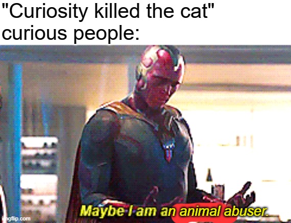 Maybe I am a monster | "Curiosity killed the cat"
curious people:; n animal abuser. | image tagged in maybe i am a monster | made w/ Imgflip meme maker