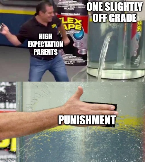 Sums it up, right? | ONE SLIGHTLY OFF GRADE; HIGH EXPECTATION PARENTS; PUNISHMENT | image tagged in flex tape,memes,punishment,grades,school,relatable | made w/ Imgflip meme maker