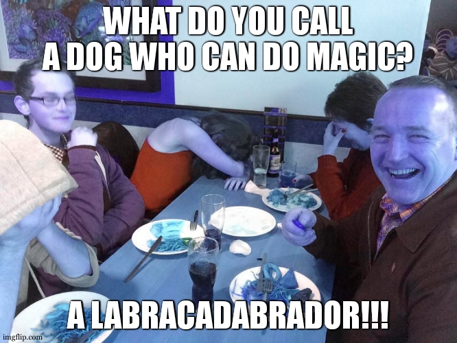 dad joke | WHAT DO YOU CALL A DOG WHO CAN DO MAGIC? A LABRACADABRADOR!!! | image tagged in dad joke | made w/ Imgflip meme maker