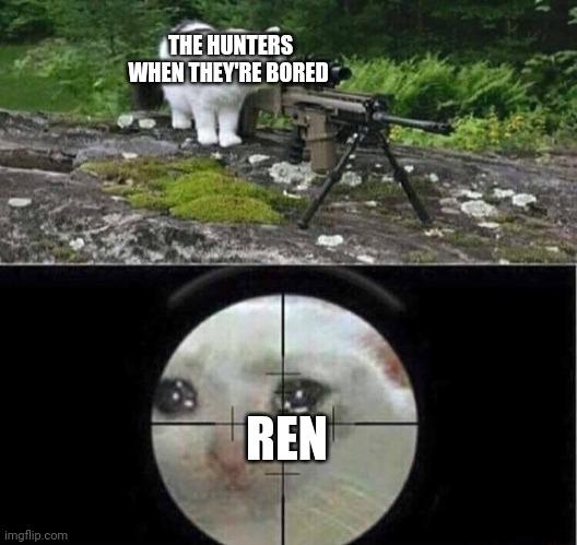 They do it because Ren is a raccoon | THE HUNTERS WHEN THEY'RE BORED; REN | image tagged in sniper cat | made w/ Imgflip meme maker