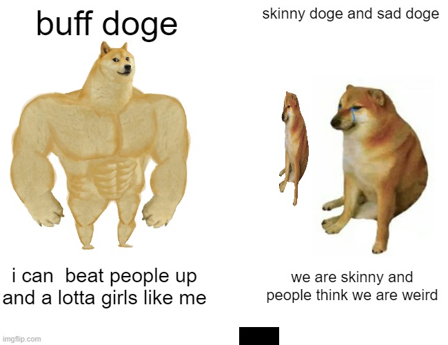 Buff Doge vs. Cheems Meme | buff doge; skinny doge and sad doge; i can  beat people up and a lotta girls like me; we are skinny and people think we are weird | image tagged in memes,buff doge vs cheems | made w/ Imgflip meme maker
