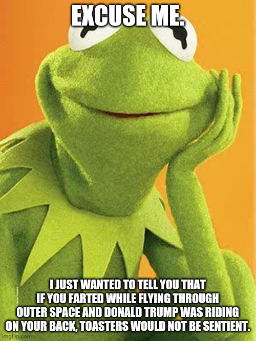 kermit dawg | EXCUSE ME. I JUST WANTED TO TELL YOU THAT IF YOU FARTED WHILE FLYING THROUGH OUTER SPACE AND DONALD TRUMP WAS RIDING ON YOUR BACK, TOASTERS WOULD NOT BE SENTIENT. | image tagged in kermit dawg | made w/ Imgflip meme maker