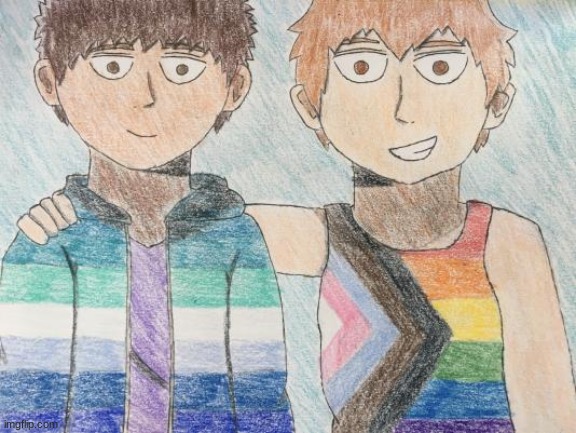 serizawa and reigen from mob psycho 100! (note: if either of these flags were used incorrectly, let me know and i will take down | image tagged in mp100,fanart,gay rights,gay pride | made w/ Imgflip meme maker