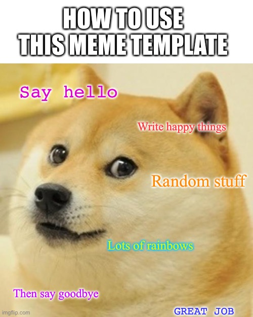 Doge Meme | HOW TO USE THIS MEME TEMPLATE; Say hello; Write happy things; Random stuff; Lots of rainbows; Then say goodbye; GREAT JOB | image tagged in memes,doge | made w/ Imgflip meme maker