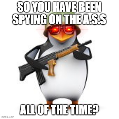 no anime penguin | SO YOU HAVE BEEN SPYING ON THE A.S.S ALL OF THE TIME? | image tagged in no anime penguin | made w/ Imgflip meme maker