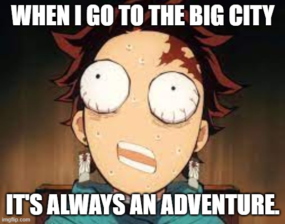 WHEN I GO TO THE BIG CITY; IT'S ALWAYS AN ADVENTURE. | image tagged in anime,tanjiro,demon slayer,fact my,big city,i in big city | made w/ Imgflip meme maker