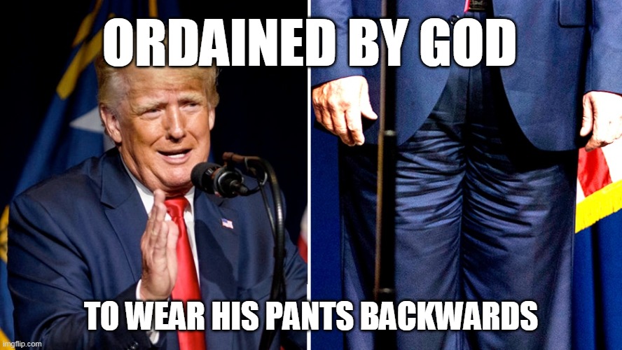 ORDAINED BY GOD; TO WEAR HIS PANTS BACKWARDS | image tagged in trump,pants | made w/ Imgflip meme maker