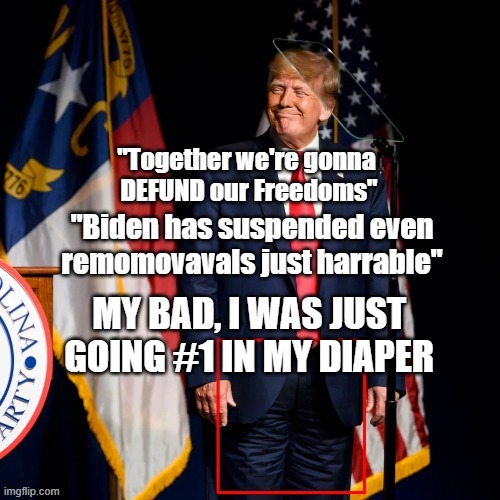 Diaper Don wants to "DEFUND our Freedom"  with "so harrable" "remow-movab-dbles"? | image tagged in trump,diaper,nc,rally | made w/ Imgflip meme maker