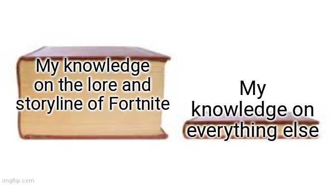 I am the CEO of fortnite lore | My knowledge on the lore and storyline of Fortnite; My knowledge on everything else | image tagged in big book small book,oh wow are you actually reading these tags | made w/ Imgflip meme maker