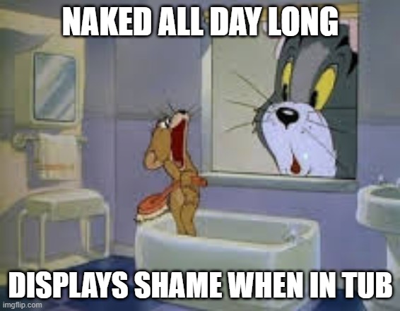 Cartoon Logic | NAKED ALL DAY LONG; DISPLAYS SHAME WHEN IN TUB | image tagged in tom and jerry | made w/ Imgflip meme maker