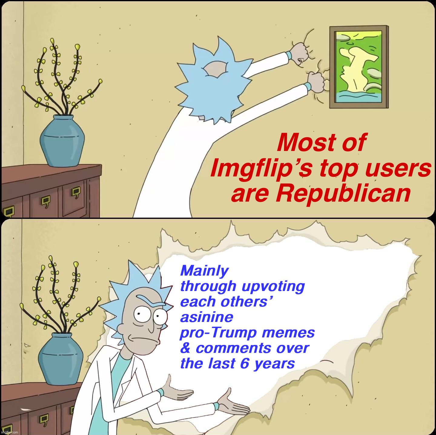 Either “The Left Can’t Meme!” — or there’s a hard-Right political bias among long-term Imgflippers. I wonder which one it is? | Most of Imgflip’s top users are Republican; Mainly through upvoting each others’ asinine pro-Trump memes & comments over the last 6 years | image tagged in rick rips wallpaper,imgflip community,imgflippers,imgflip users,imgflip points,leaderboard | made w/ Imgflip meme maker