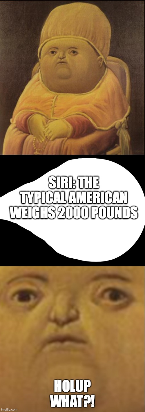 Ayo Siri | SIRI: THE TYPICAL AMERICAN WEIGHS 2000 POUNDS; HOLUP WHAT?! | image tagged in what did you just say | made w/ Imgflip meme maker