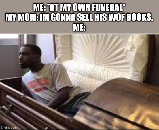 DONT YOU DARE! | ME: *AT MY OWN FUNERAL*
MY MOM: IM GONNA SELL HIS WOF BOOKS.
ME: | image tagged in wings of fire,wof | made w/ Imgflip meme maker