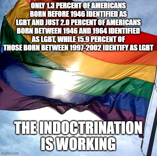 Pride | ONLY 1.3 PERCENT OF AMERICANS BORN BEFORE 1946 IDENTIFIED AS LGBT AND JUST 2.0 PERCENT OF AMERICANS BORN BETWEEN 1946 AND 1964 IDENTIFIED AS LGBT, WHILE 15.9 PERCENT OF THOSE BORN BETWEEN 1997-2002 IDENTIFY AS LGBT; THE INDOCTRINATION IS WORKING | image tagged in pride,lgbtq,democrats | made w/ Imgflip meme maker